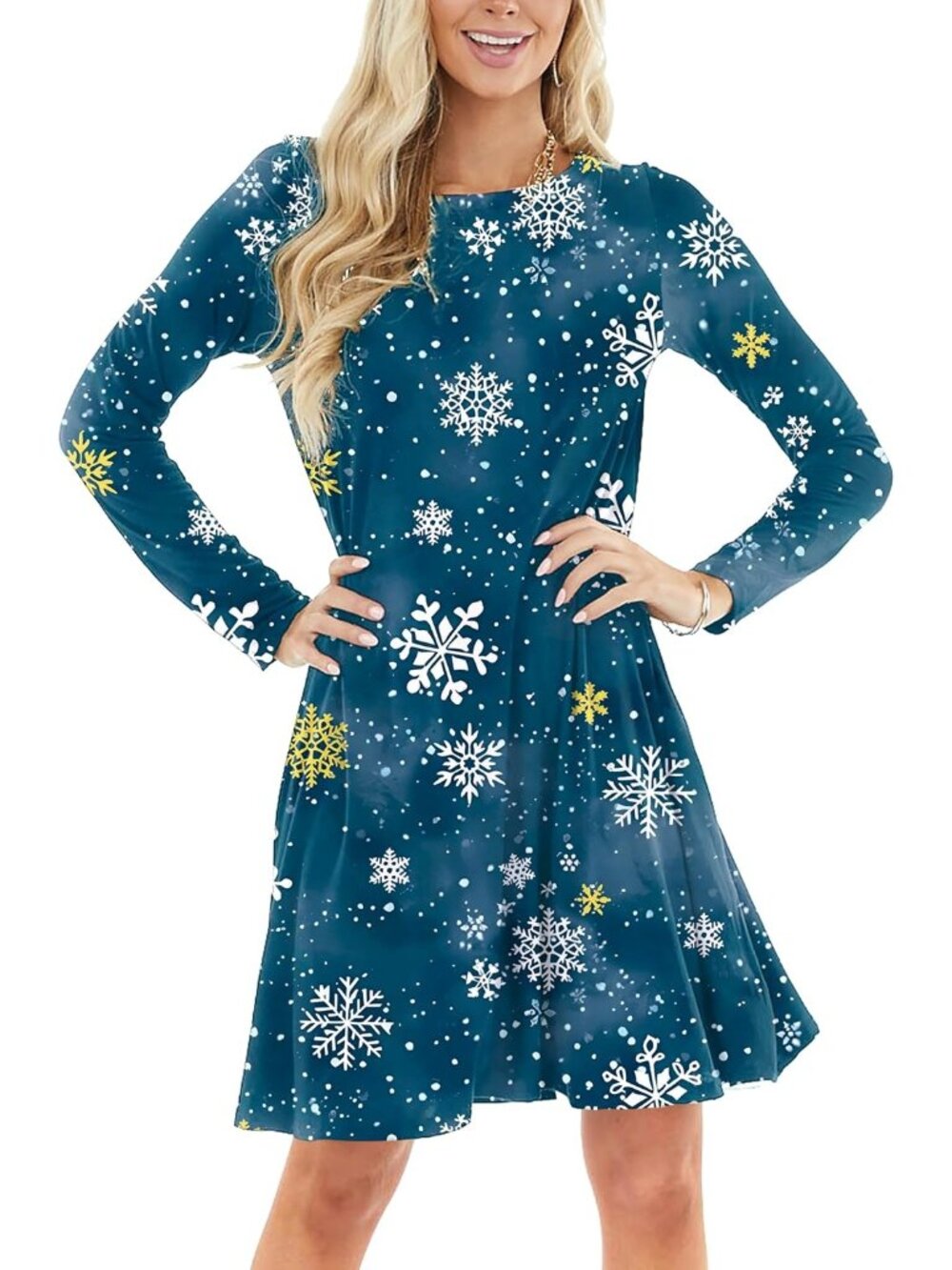 Women's Snow Comfortable Long Sleeve Round Neck Xmas Holiday A Line Dresses